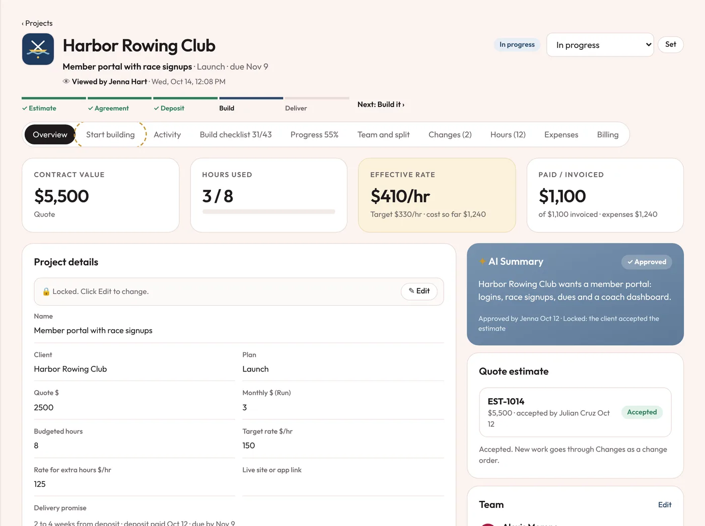 A client project page