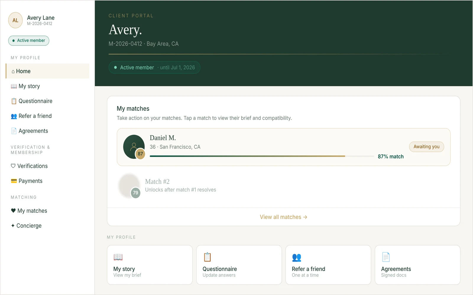 A matchmaking client portal with AI-scored matches