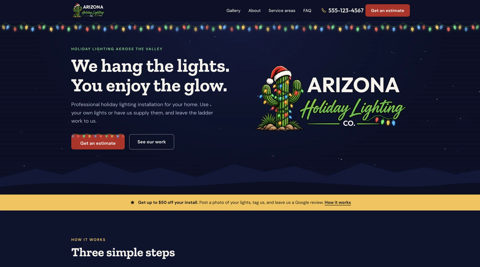 A holiday lighting company's website